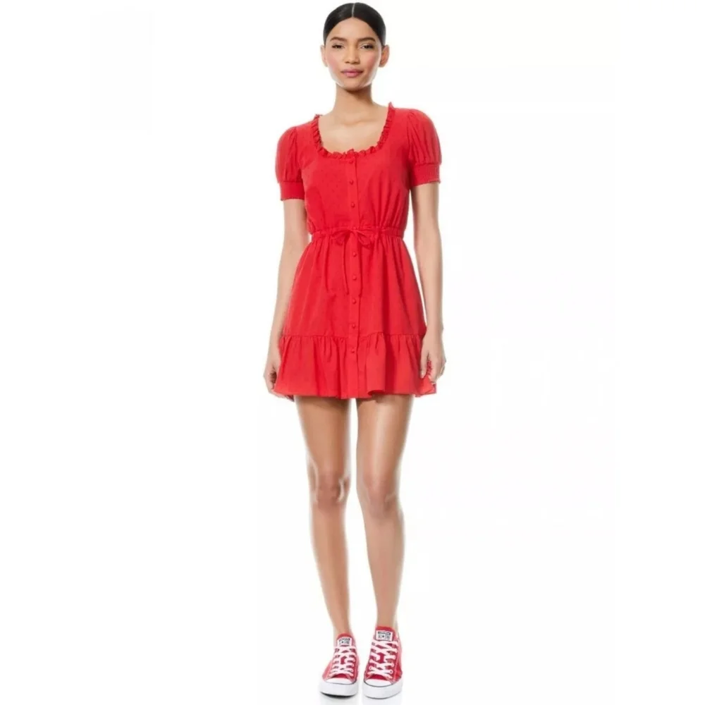 Alice + Olivia Red Swiss Dot Tie Waist Button Dress Sz 6 Ruffle Feminine Chic